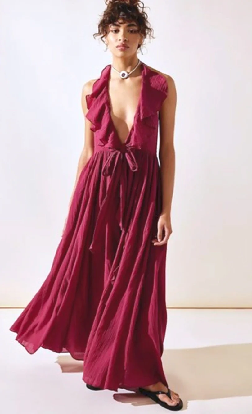NEW FREE PEOPLE RASPBERRY CONCHITA LOW BACK TIE FRONT RUFFLE MAXI DRESS SZ S